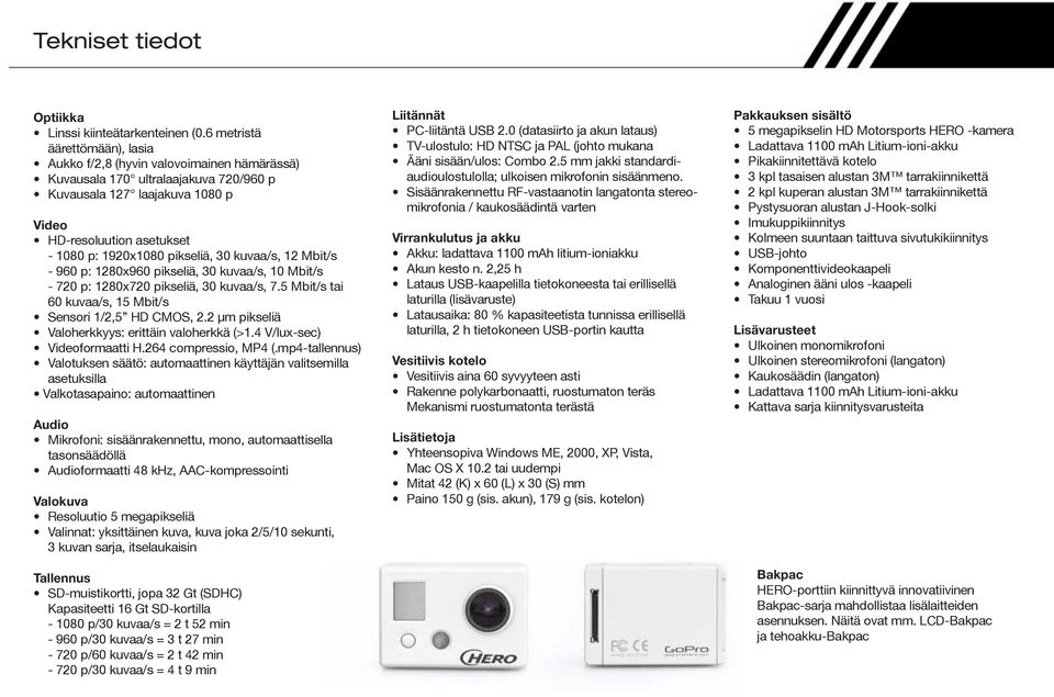 pikseliä, 30 kuvaa/s, 12 Mbit/s - 960 p: 1280x960 pikseliä, 30 kuvaa/s, 10 Mbit/s - 720 p: 1280x720 pikseliä, 30 kuvaa/s, 7.5 Mbit/s tai 60 kuvaa/s, 15 Mbit/s Sensori 1/2,5 HD CMOS, 2.