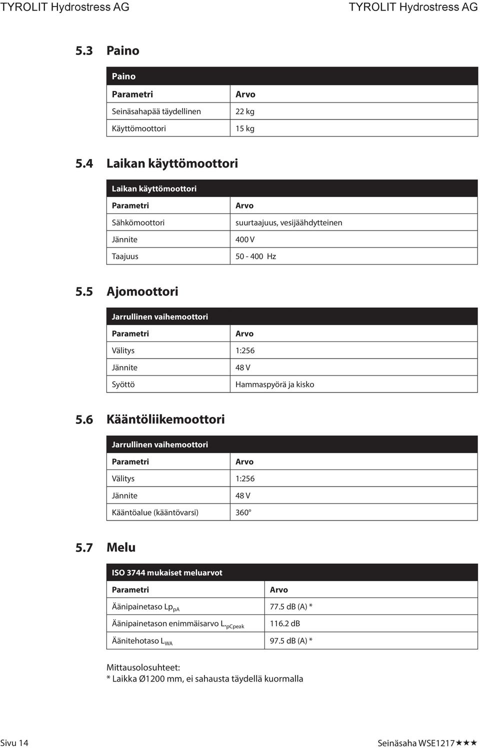 5 Ajomoottori Jarrullinen vaihemoottori Välitys 1:256 Jännite Syöttö 48 V Hammaspyörä ja kisko 5.