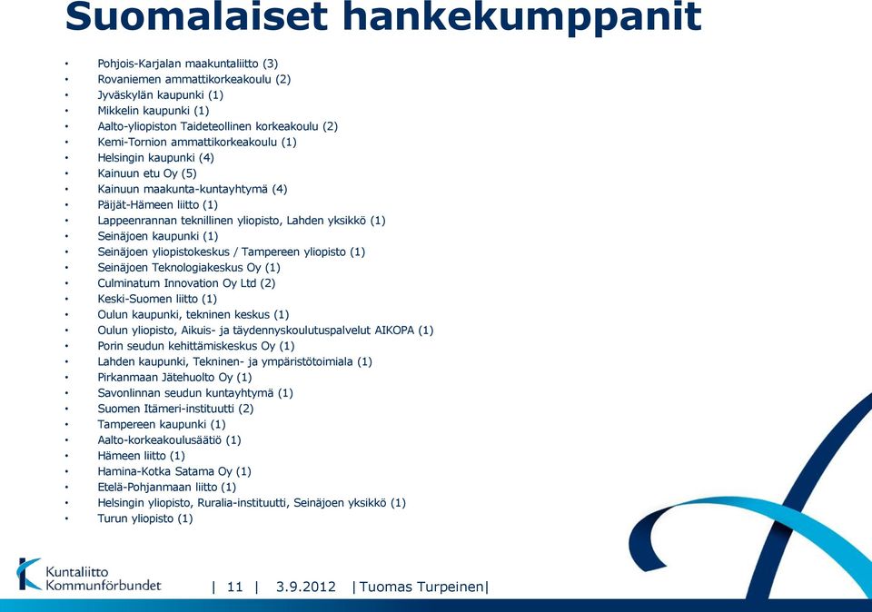 Seinäjoen kaupunki (1) Seinäjoen yliopistokeskus / Tampereen yliopisto (1) Seinäjoen Teknologiakeskus Oy (1) Culminatum Innovation Oy Ltd (2) Keski-Suomen liitto (1) Oulun kaupunki, tekninen keskus