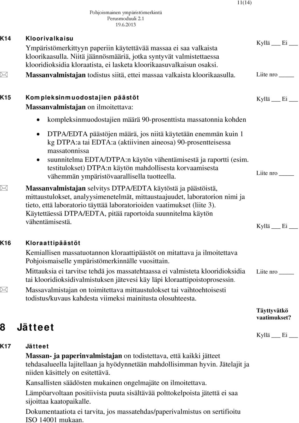 Kyllä Ei K15 Kompleksinmuodostajien päästöt Massanvalmistajan on ilmoitettava: kompleksinmuodostajien määrä 90-prosenttista massatonnia kohden DTPA/EDTA päästöjen määrä, jos niitä käytetään enemmän