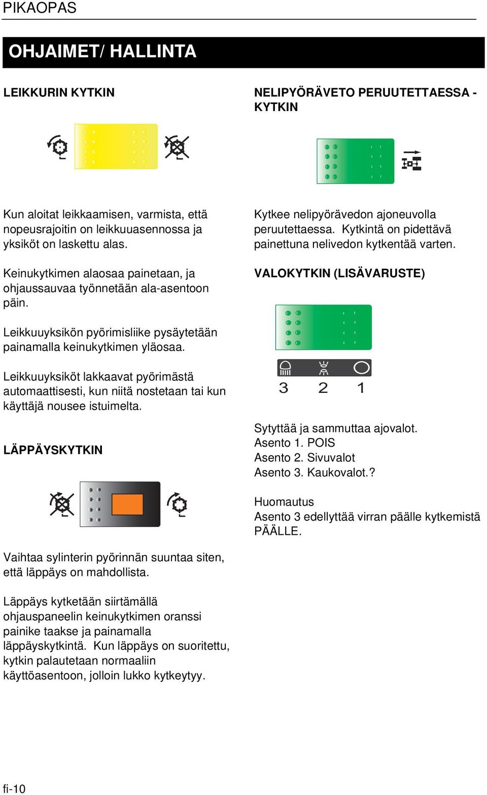 VLOKYTKIN (LISÄVRUSTE) Leikkuuyksikön pyörimisliike pysäytetään painamalla keinukytkimen yläosaa.