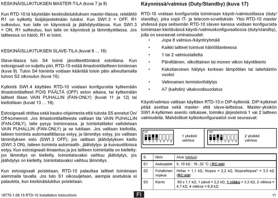 KESKINÄISLUKITUKSEN SLAVE-TILA (kuvat 9... 16) Slave-tilassa tulo toimii jännitteettömänä estotilana. Kun estosignaali on suljettu piiri, RTD-10 estää ilmastointilaitteen toiminnan (kuva 9).