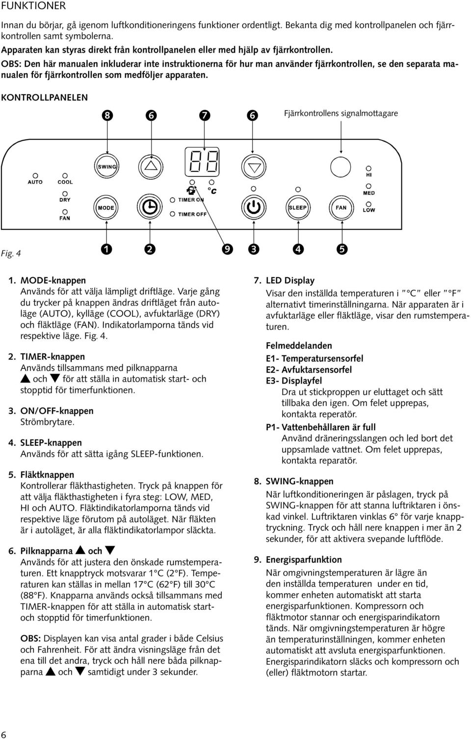 OBS: Den här manualen inkluderar inte instruktionerna för hur man använder fjärrkontrollen, se den separata manualen för fjärrkontrollen som medföljer apparaten.