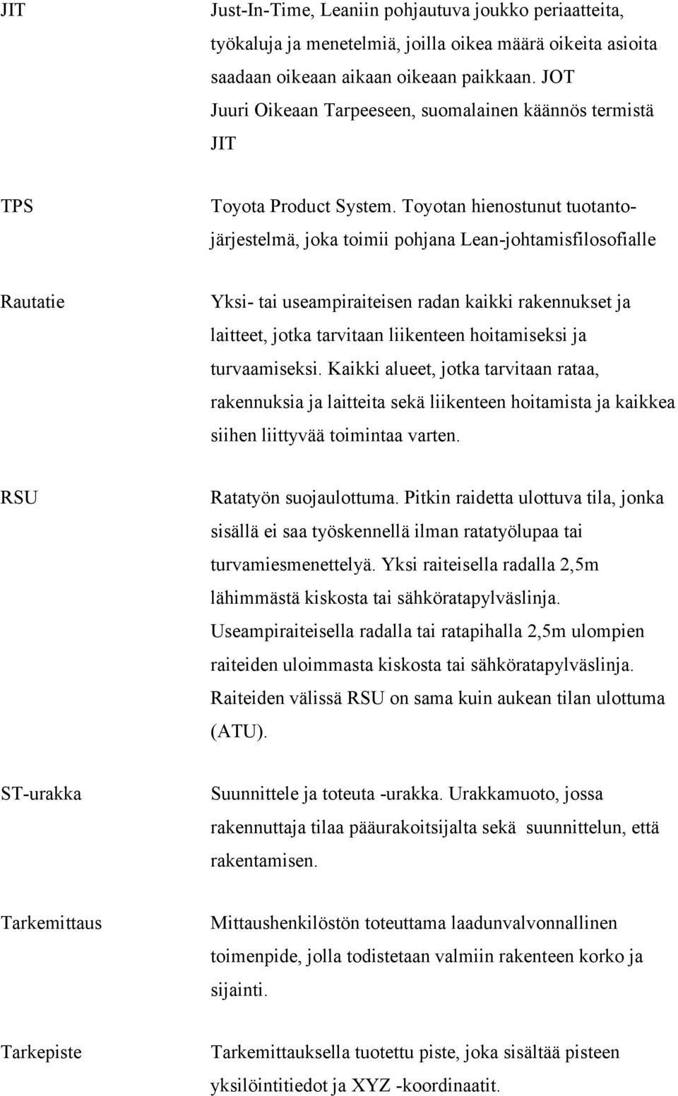 Toyotan hienostunut tuotantojärjestelmä, joka toimii pohjana Lean-johtamisfilosofialle Rautatie Yksi- tai useampiraiteisen radan kaikki rakennukset ja laitteet, jotka tarvitaan liikenteen