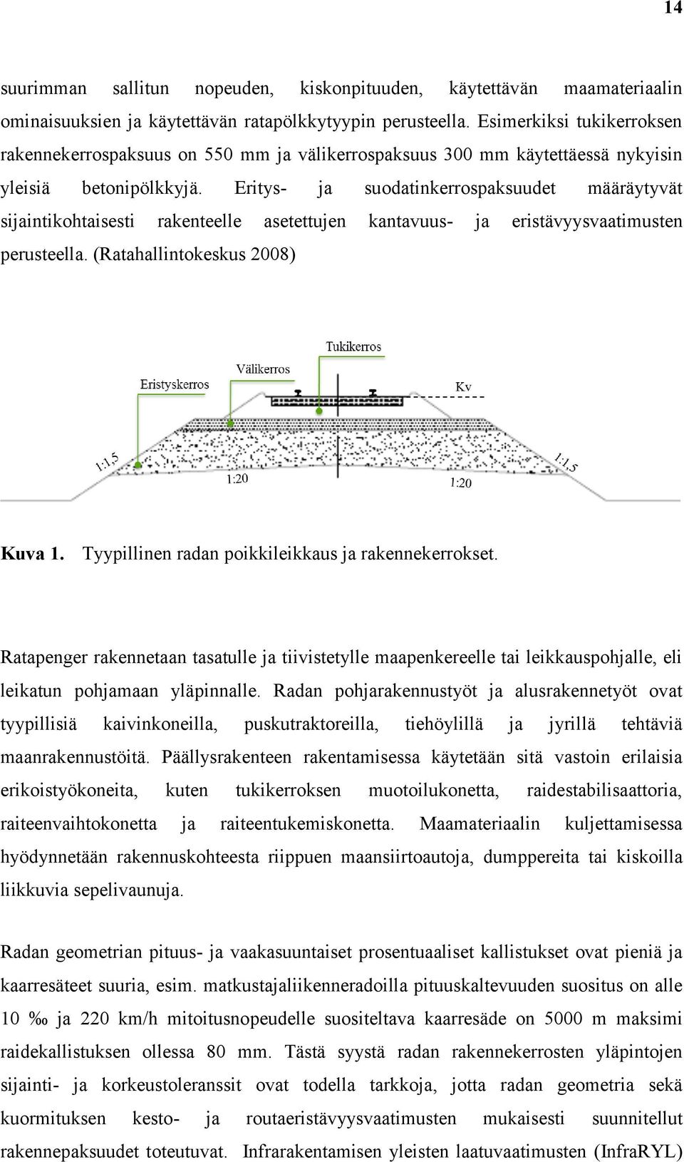 Eritys- ja suodatinkerrospaksuudet määräytyvät sijaintikohtaisesti rakenteelle asetettujen kantavuus- ja eristävyysvaatimusten perusteella. (Ratahallintokeskus 2008) Kuva 1.