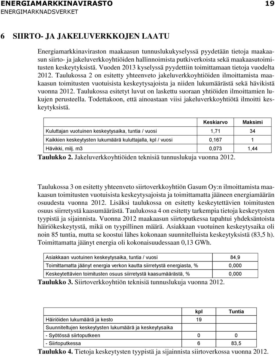 Taulukossa 2 on esitetty yhteenveto jakeluverkkoyhtiöiden ilmoittamista maakaasun toimitusten vuotuisista keskeytysajoista ja niiden lukumäärästä sekä hävikistä vuonna 2012.