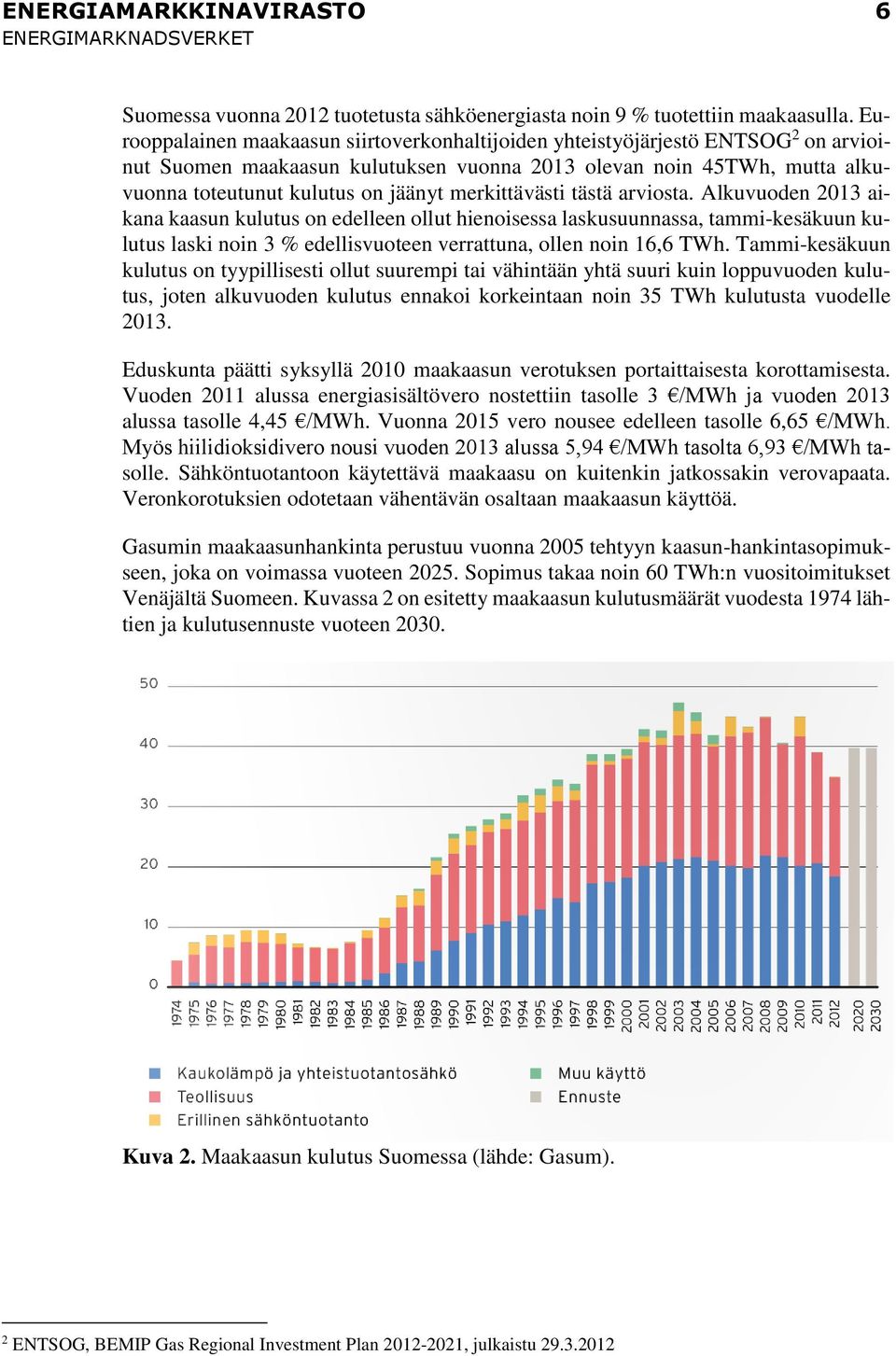 merkittävästi tästä arviosta. Alkuvuoden 2013 aikana kaasun kulutus on edelleen ollut hienoisessa laskusuunnassa, tammi-kesäkuun kulutus laski noin 3 % edellisvuoteen verrattuna, ollen noin 16,6 TWh.