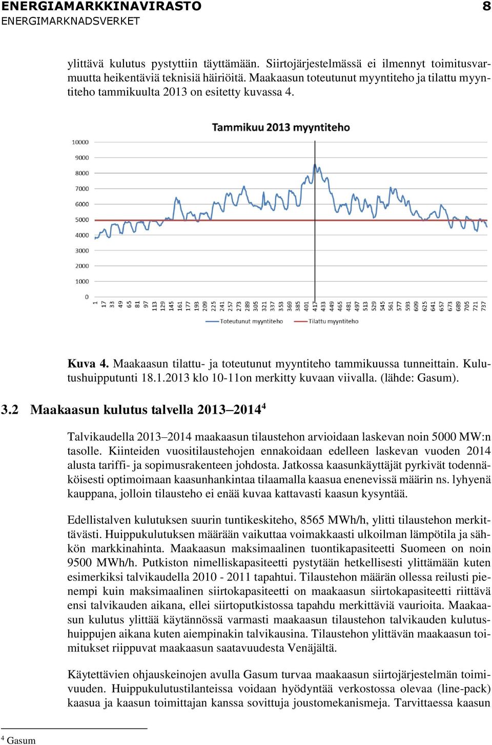 (lähde: Gasum). 3.2 Maakaasun kulutus talvella 2013 2014 4 Talvikaudella 2013 2014 maakaasun tilaustehon arvioidaan laskevan noin 5000 MW:n tasolle.