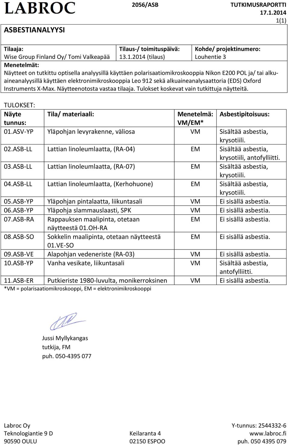 käyttäen polarisaatiomikroskooppia Nikon E200 POL ja/ tai alkuaineanalyysillä käyttäen elektronimikroskooppia Leo 912 sekä alkuaineanalysaattoria (EDS) Oxford Instruments XMax.