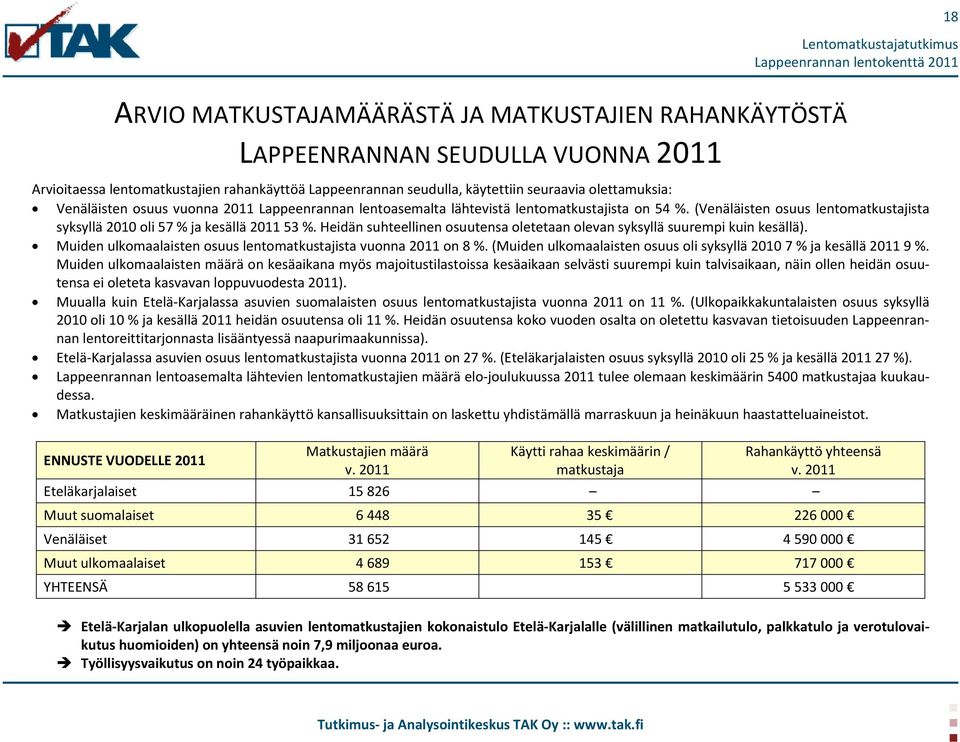 (Venäläisten osuus lentomatkustajista syksyllä 2010 oli 57 % ja kesällä 2011 53 %. Heidän suhteellinen osuutensa oletetaan olevan syksyllä suurempi kuin kesällä).