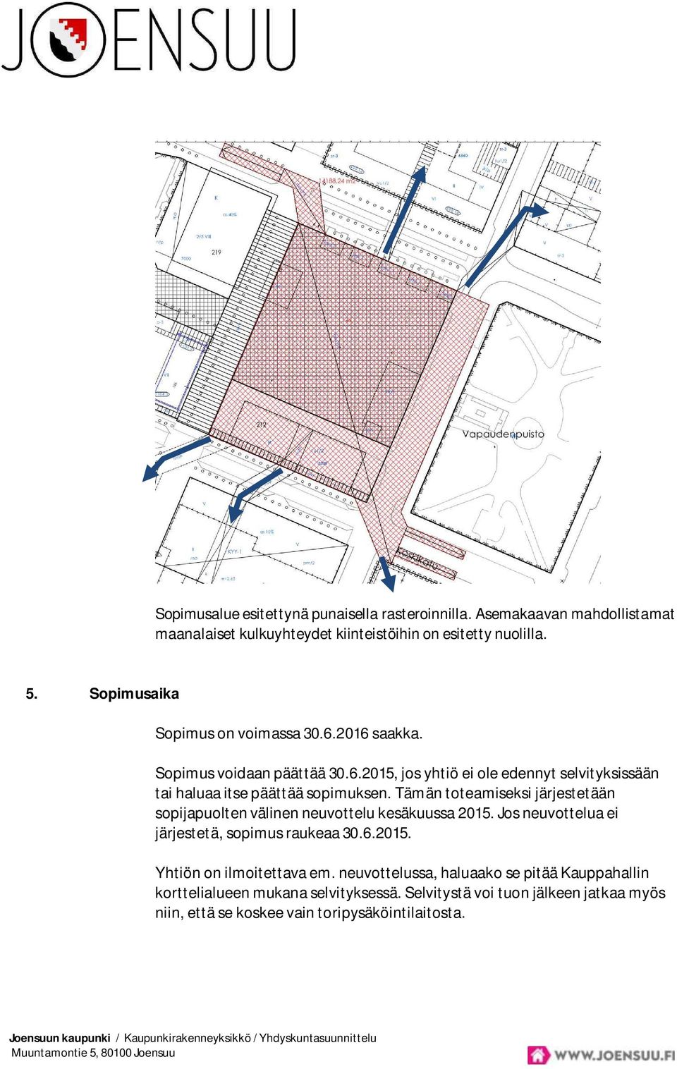 Tämän toteamiseksi järjestetään sopijapuolten välinen neuvottelu kesäkuussa 2015. Jos neuvottelua ei järjestetä, sopimus raukeaa 30.6.2015. Yhtiön on ilmoitettava em.