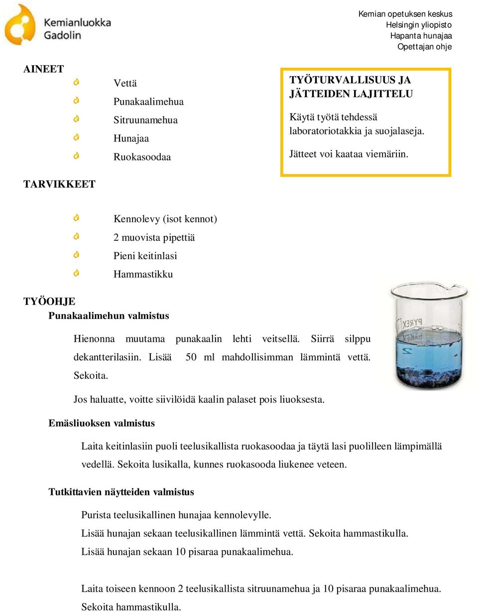 Siirrä silppu dekantterilasiin. Lisää 50 ml mahdollisimman lämmintä vettä. Sekoita. Jos haluatte, voitte siivilöidä kaalin palaset pois liuoksesta.