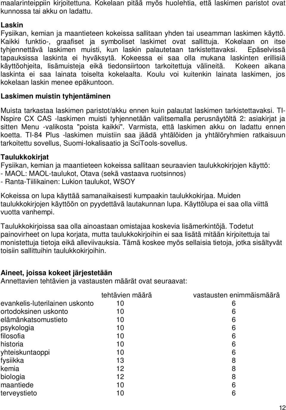 Kokelaan on itse tyhjennettävä laskimen muisti, kun laskin palautetaan tarkistettavaksi. Epäselvissä tapauksissa laskinta ei hyväksytä.