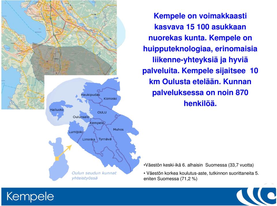 Kempele sijaitsee 10 km Oulusta etelään. Kunnan palveluksessa on noin 870 henkilöä.