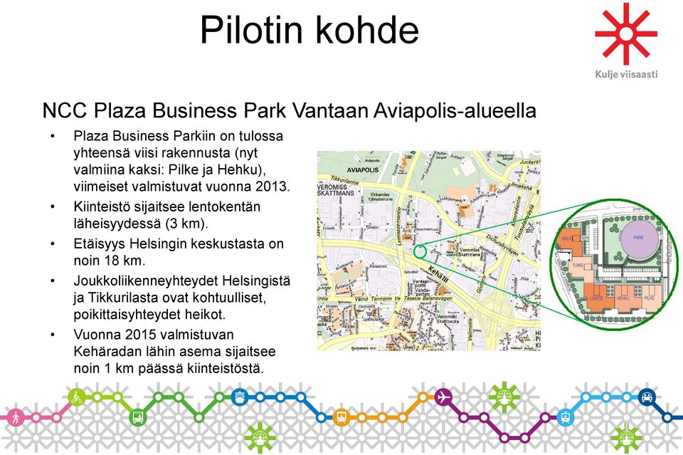 Kiinteistö sijaitsee lentokentän läheisyydessä (3 km). Etäisyys Helsingin keskustasta on noin 18 km.