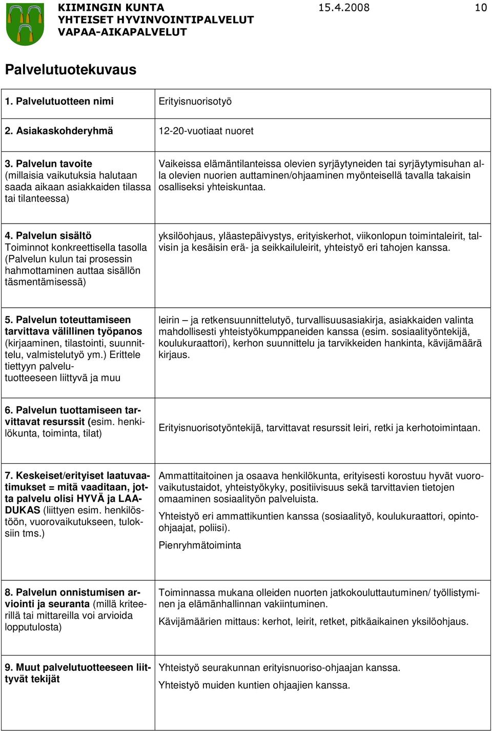 yhteiskuntaa. yksilöohjaus, yläastepäivystys, erityiskerhot, viikonlopun toimintaleirit, talvisin ja kesäisin erä- ja seikkailuleirit, yhteistyö eri tahojen kanssa.