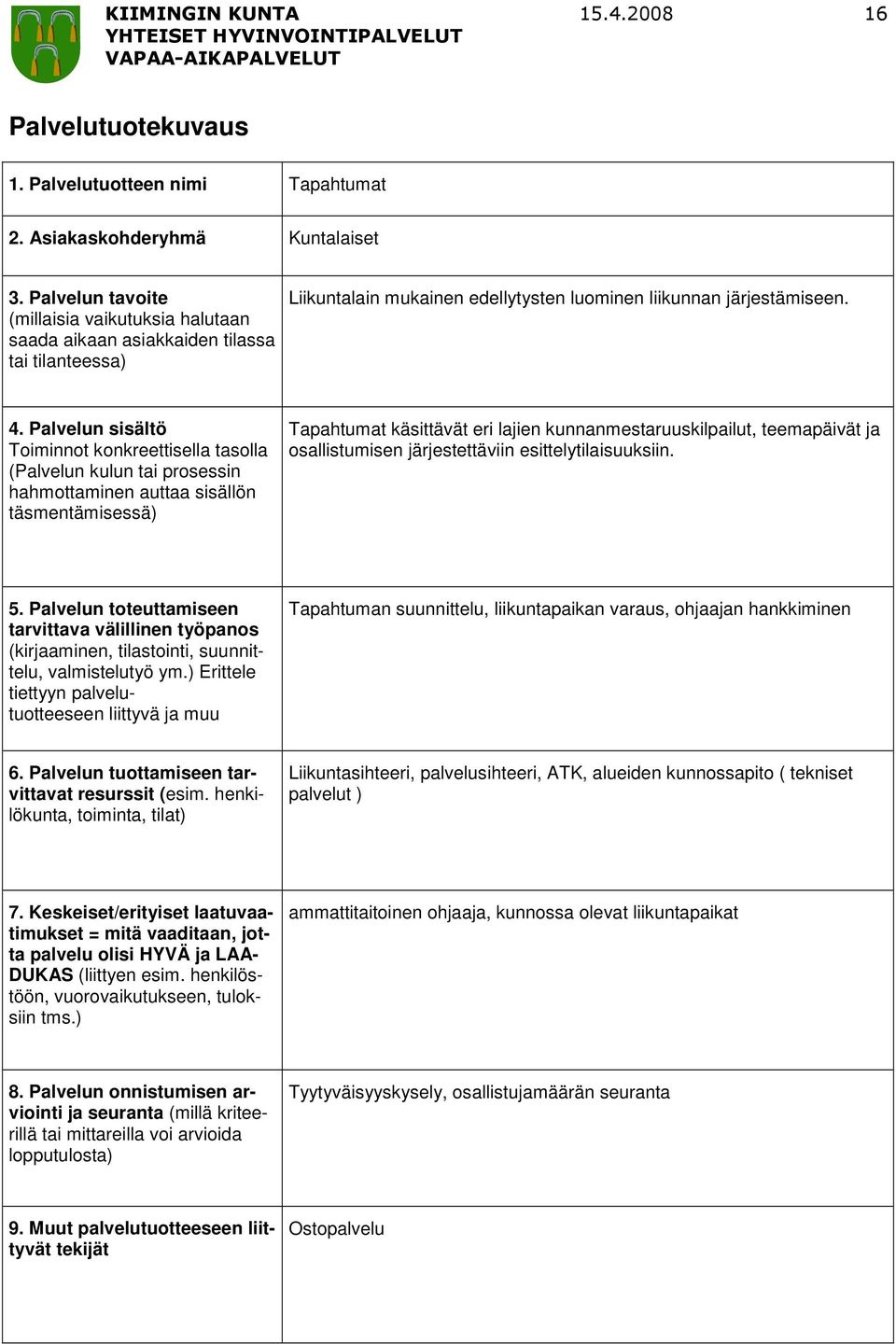 Tapahtumat käsittävät eri lajien kunnanmestaruuskilpailut, teemapäivät ja osallistumisen järjestettäviin esittelytilaisuuksiin.