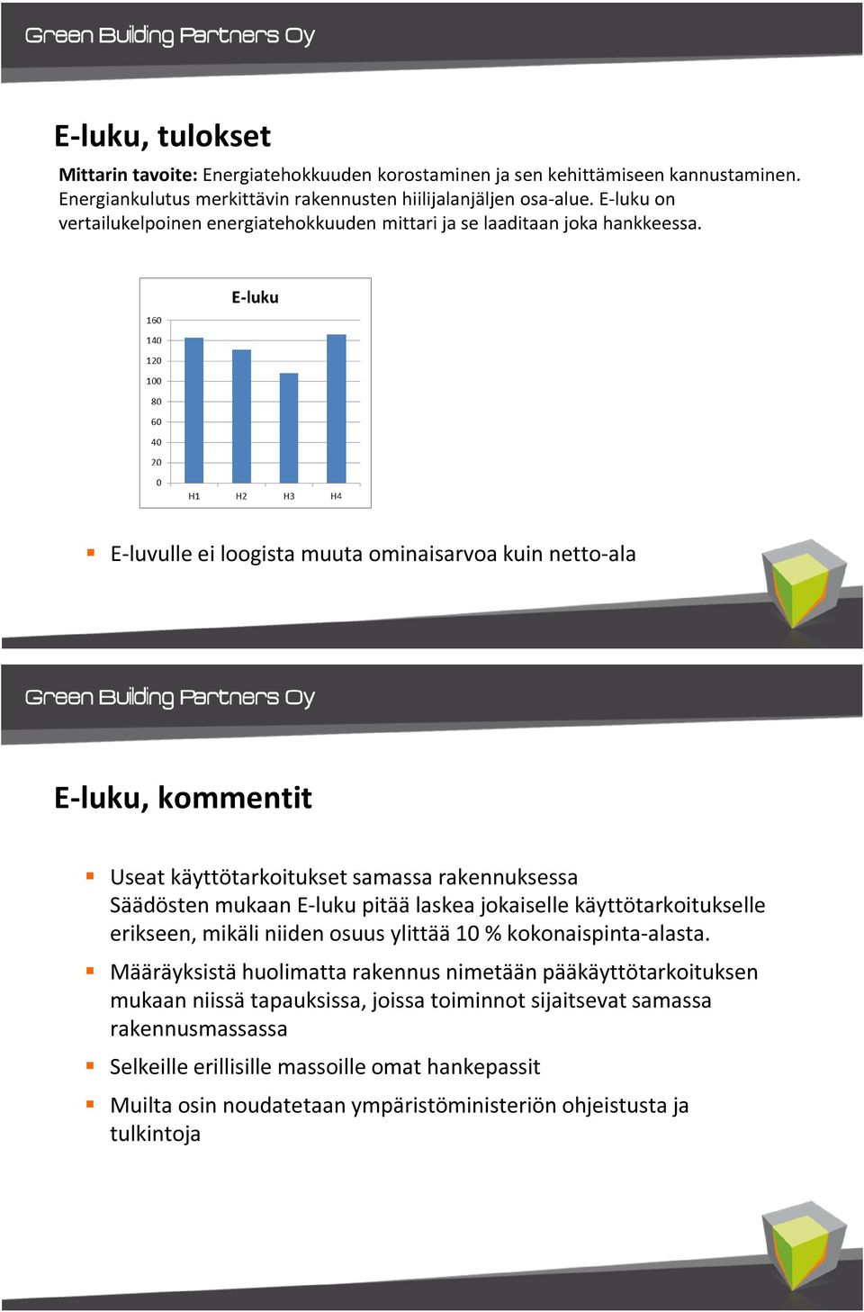 E-luvulle ei loogista muuta ominaisarvoa kuin netto-ala E-luku, kommentit Useat käyttötarkoitukset samassa rakennuksessa Säädösten mukaan E-luku pitää laskea jokaiselle käyttötarkoitukselle