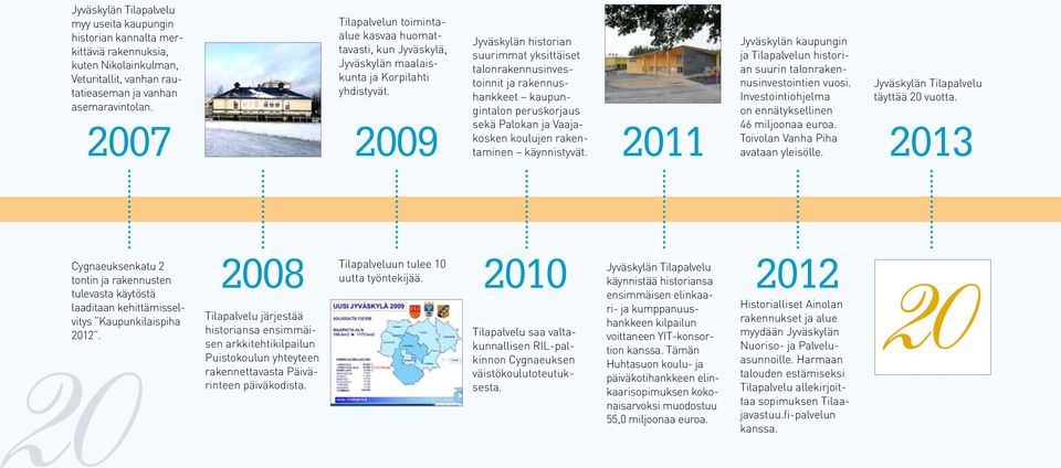 2009 Jyväskylän historian suurimmat yksittäiset talonrakennusinvestoinnit ja rakennushankkeet kaupungintalon peruskorjaus sekä Palokan ja Vaajakosken koulujen rakentaminen käynnistyvät.