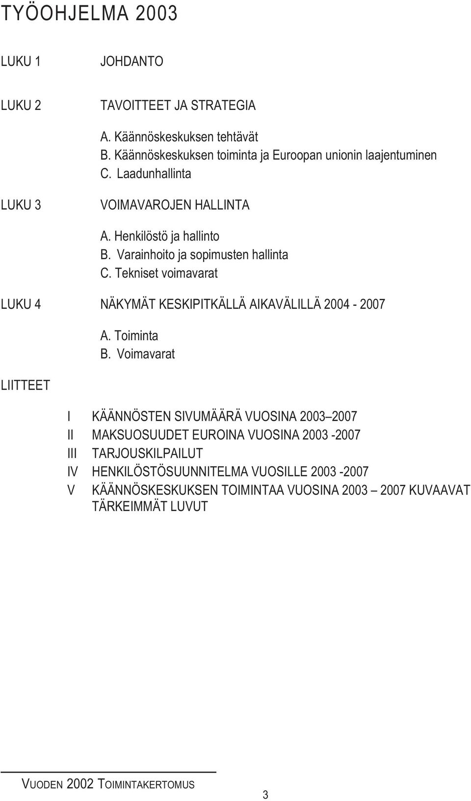 Varainhoito ja sopimusten hallinta C. Tekniset voimavarat LUKU 4 NÄKYMÄT KESKIPITKÄLLÄ AIKAVÄLILLÄ 2004-2007 LIITTEET A. Toiminta B.