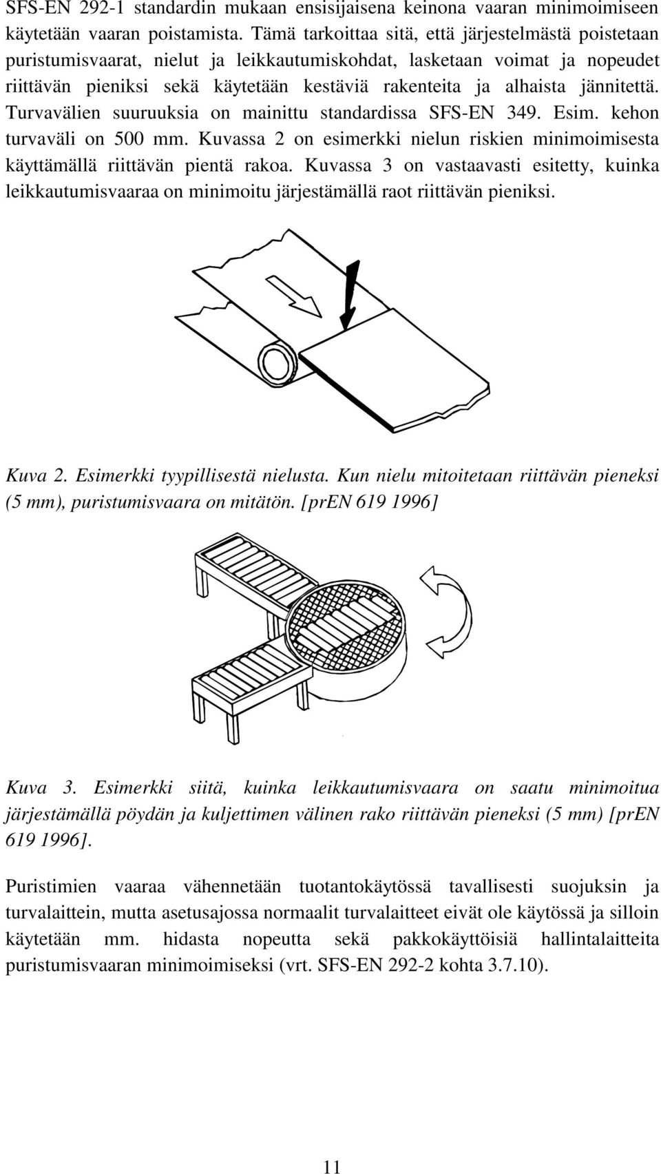 jännitettä. Turvavälien suuruuksia on mainittu standardissa SFS-EN 349. Esim. kehon turvaväli on 500 mm. Kuvassa 2 on esimerkki nielun riskien minimoimisesta käyttämällä riittävän pientä rakoa.