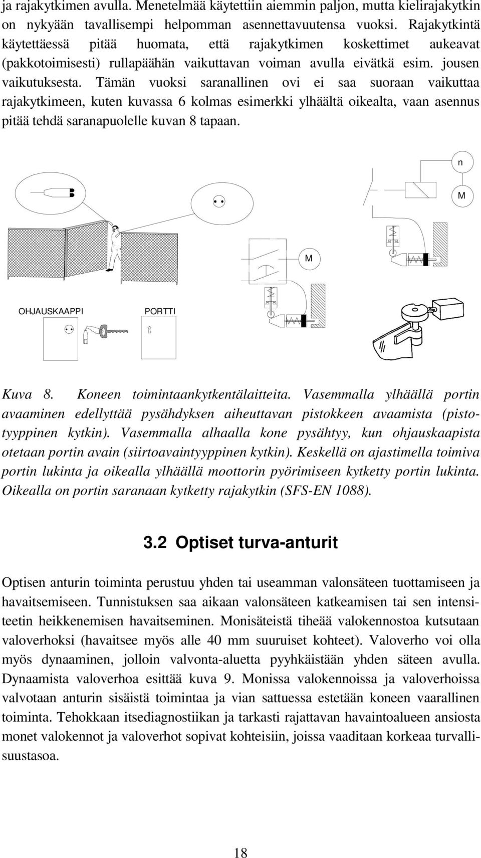 Tämän vuoksi saranallinen ovi ei saa suoraan vaikuttaa rajakytkimeen, kuten kuvassa 6 kolmas esimerkki ylhäältä oikealta, vaan asennus pitää tehdä saranapuolelle kuvan 8 tapaan.