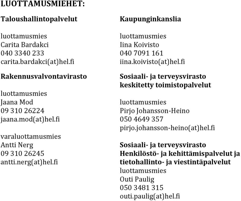 fi Rakennusvalvontavirasto Sosiaali- ja terveysvirasto keskitetty toimistopalvelut luottamusmies Jaana Mod luottamusmies 09 310 26224 Pirjo Johansson-Heino