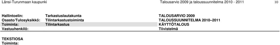 Osasto/Tulosyksikkö: Tilintarkastustoiminta TALOUSSUUNNITELMA 2010