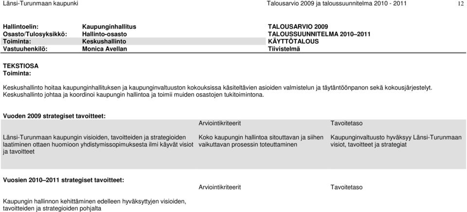 valmistelun ja täytäntöönpanon sekä kokousjärjestelyt. Keskushallinto johtaa ja koordinoi kaupungin hallintoa ja toimii muiden osastojen tukitoimintona.