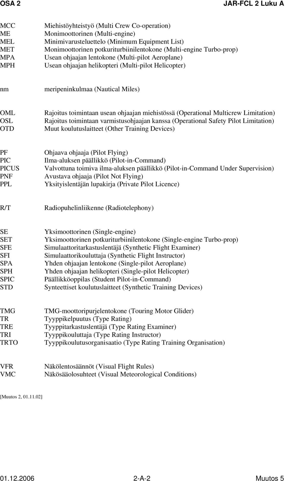 Rajoitus toimintaan usean ohjaajan miehistössä (Operational Multicrew Limitation) Rajoitus toimintaan varmistusohjaajan kanssa (Operational Safety Pilot Limitation) Muut koulutuslaitteet (Other