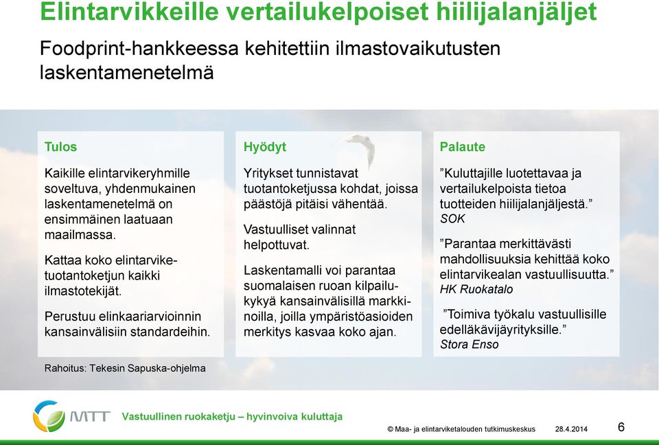 Rahoitus: Tekesin Sapuska-ohjelma Hyödyt Yritykset tunnistavat tuotantoketjussa kohdat, joissa päästöjä pitäisi vähentää. Vastuulliset valinnat helpottuvat.