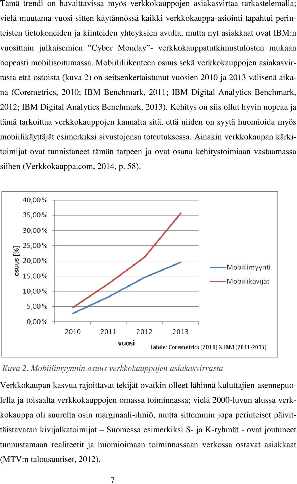 Mobiililiikenteen osuus sekä verkkokauppojen asiakasvir- rasta että ostoista (kuva 2) on seitsenkertaistunut vuosien 2010 ja 2013 välisenä aikana (Coremetrics, 2010; IBM Benchmark, 2011; IBM Digital