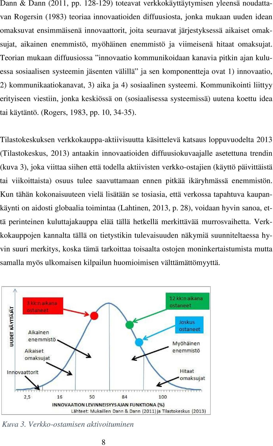 järjestyksessä aikaiset omaksujat, aikainen enemmistö, myöhäinen enemmistö ja viimeisenä hitaat omaksujat.