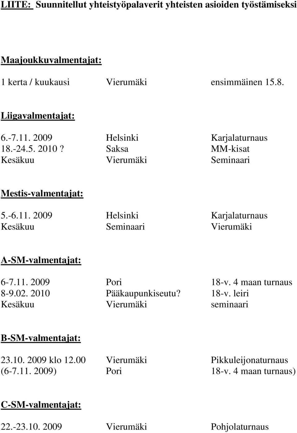 11. 2009 Pori 18-v. 4 maan turnaus 8-9.02. 2010 Pääkaupunkiseutu? 18-v. leiri Kesäkuu Vierumäki seminaari B-SM-valmentajat: 23.10. 2009 klo 12.