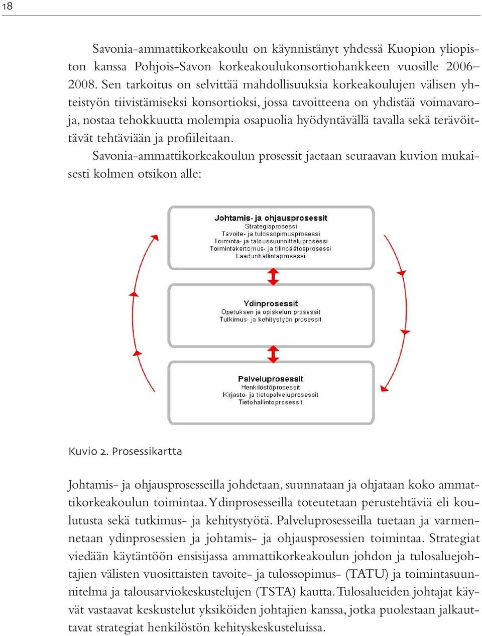 hyödyntävällä tavalla sekä terävöittävät tehtäviään ja profiileitaan. Savonia-ammattikorkeakoulun prosessit jaetaan seuraavan kuvion mukaisesti kolmen otsikon alle: Kuvio.