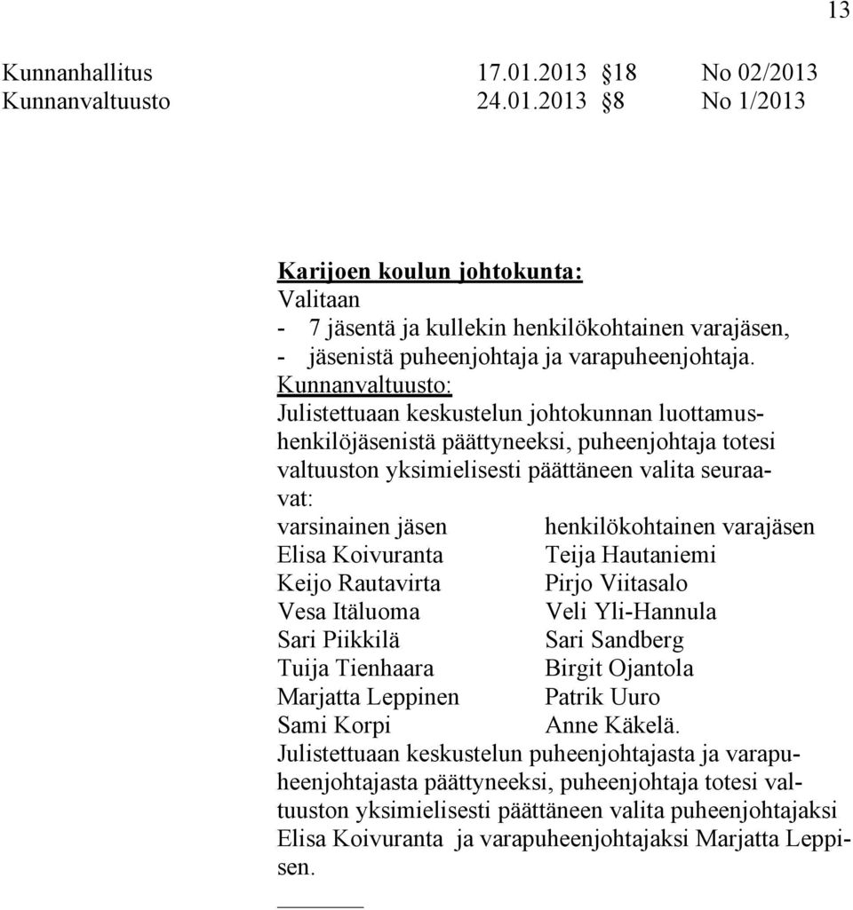 Hautaniemi Keijo Rautavirta Pirjo Viitasalo Vesa Itäluoma Veli Yli-Hannula Sari Piikkilä Sari Sandberg Tuija Tienhaara Birgit Ojantola Marjatta Leppinen Patrik Uuro Sami Korpi Anne