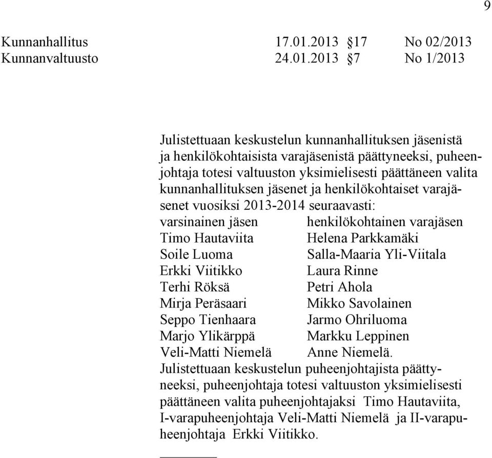 yksimielisesti päättäneen valita kunnanhallituksen jäsenet ja henkilökohtaiset varajäsenet vuosiksi 2013-2014 seuraavasti: Timo Hautaviita Helena Parkkamäki Soile Luoma Salla-Maaria Yli-Viitala Erkki