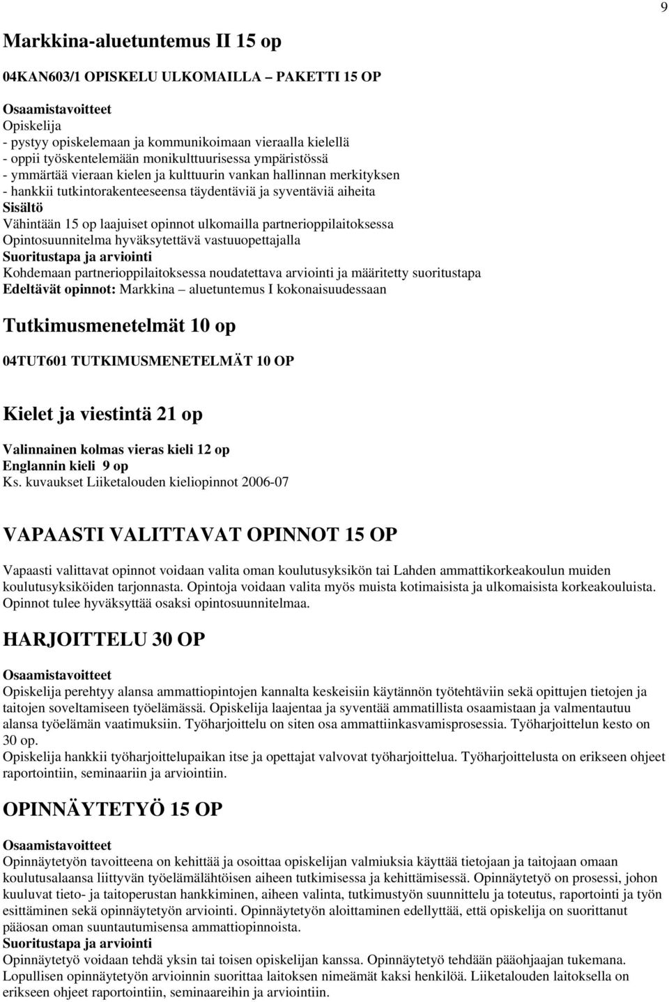 partnerioppilaitoksessa Opintosuunnitelma hyväksytettävä vastuuopettajalla Kohdemaan partnerioppilaitoksessa noudatettava arviointi ja määritetty suoritustapa Edeltävät opinnot: Markkina aluetuntemus