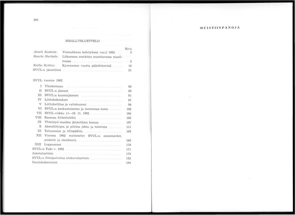 _.... V Liittohallitus ja valiokunnat VI SVUL:n keskus1oimisto ja toiminnan hoito 102 VII SVUL-viikko 11-18. 11. 1962.