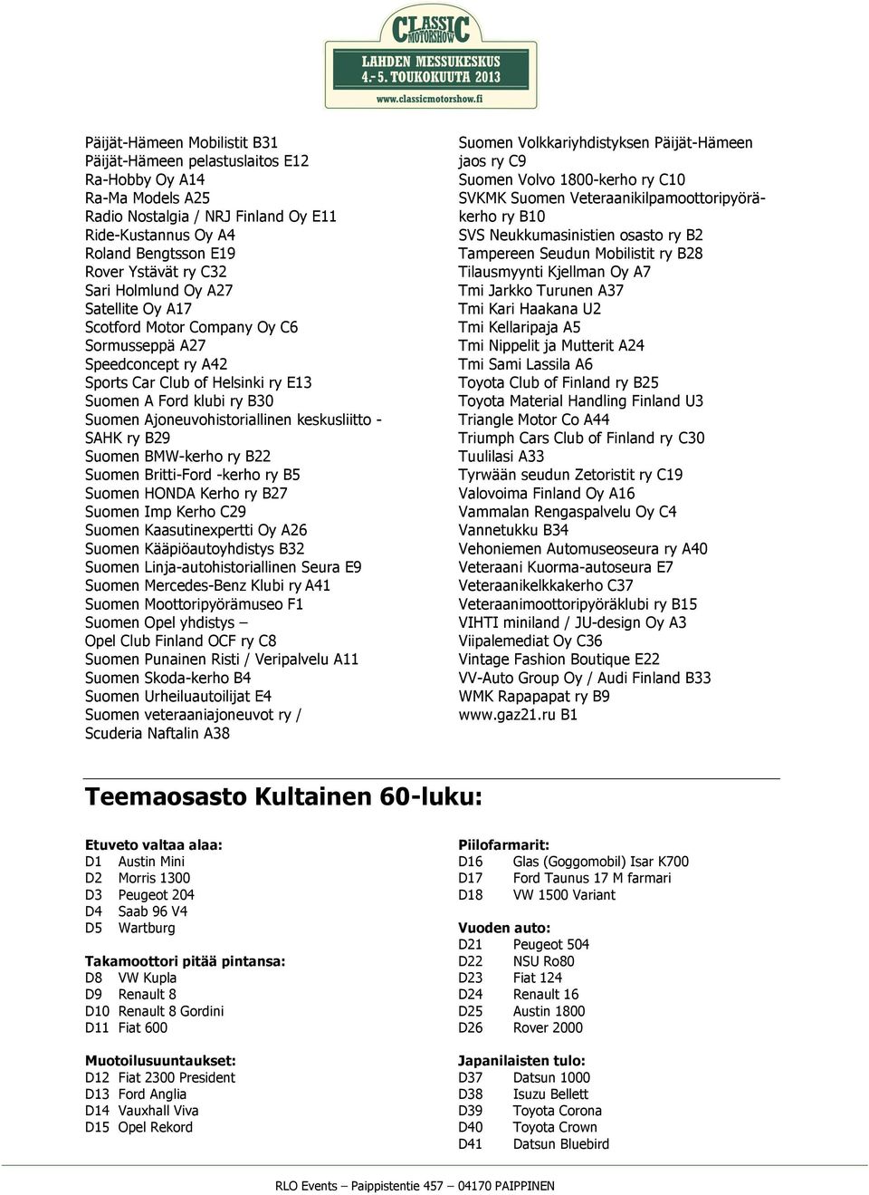 BMW-kerho B22 Britti-Ford -kerho B5 HONDA Kerho B27 Imp Kerho C29 Kaasutinexpertti Oy A26 Kääpiöautoyhdistys B32 Linja-autohistoriallinen Seura E9 Mercedes-Benz Klubi A41 Moottoripyörämuseo F1 Opel