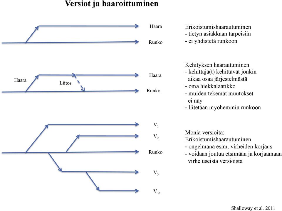 - muiden tekemät muutokset ei näy - liitetään myöhemmin runkoon V 1 V 2 Runko Monia versioita: Erikoistumishaarautuminen -
