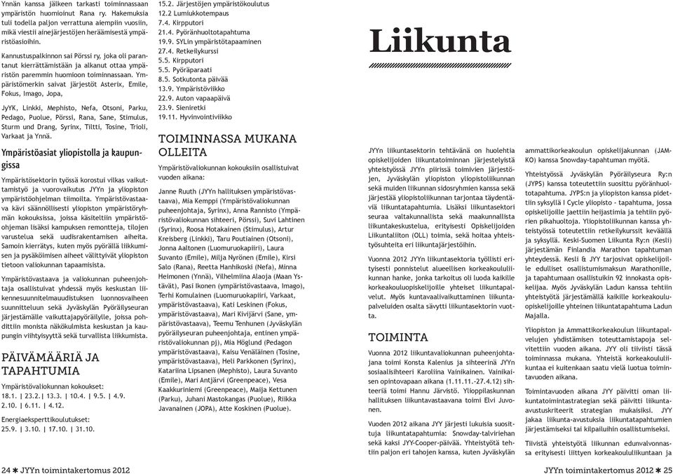 Ympäristömerkin saivat järjestöt Asterix, Emile, Fokus, Imago, Jopa, JyYK, Linkki, Mephisto, Nefa, Otsoni, Parku, Pedago, Puolue, Pörssi, Rana, Sane, Stimulus, Sturm und Drang, Syrinx, Tiltti,