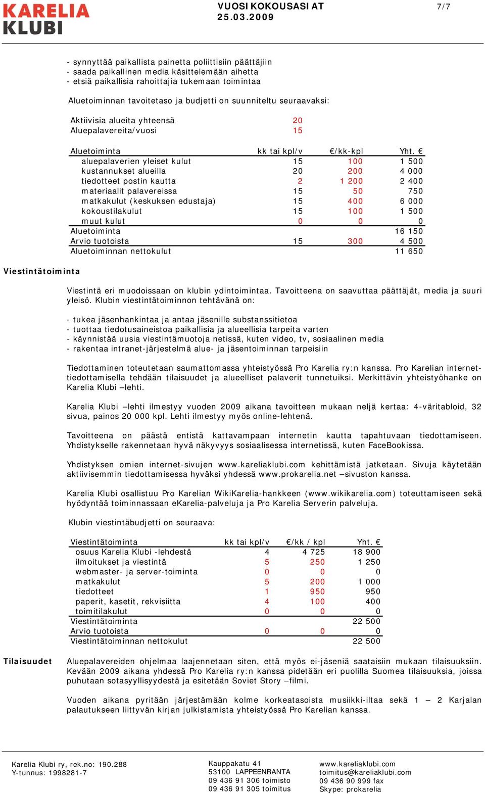 aluepalaverien yleiset kulut 15 100 1 500 kustannukset alueilla 20 200 4 000 tiedotteet postin kautta 2 1 200 2 400 materiaalit palavereissa 15 50 750 matkakulut (keskuksen edustaja) 15 400 6 000