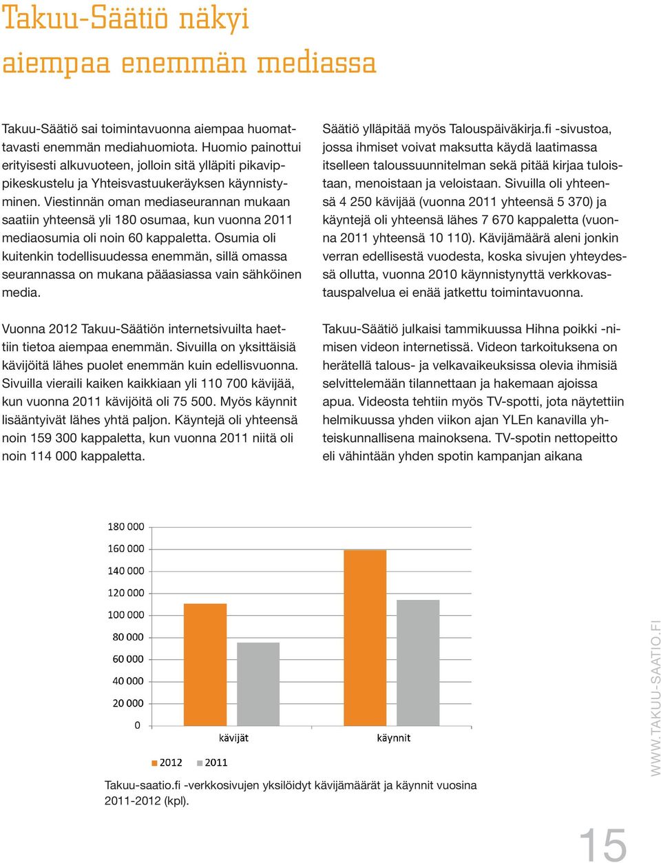 Viestinnän oman mediaseurannan mukaan saatiin yhteensä yli 180 osumaa, kun vuonna 2011 mediaosumia oli noin 60 kappaletta.