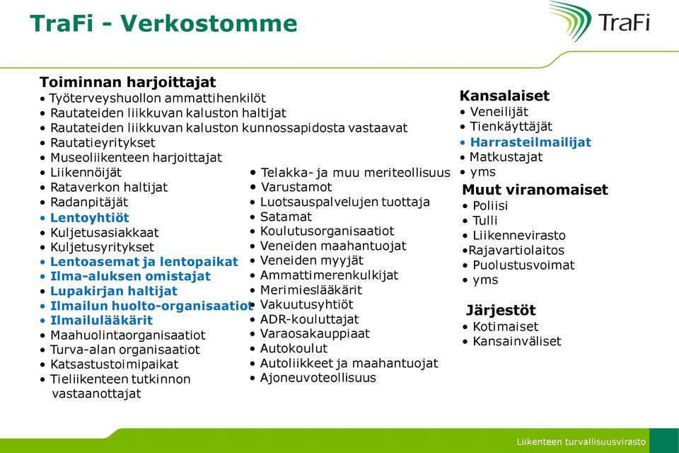 Ilmailun huolto-organisaatiot Ilmailulääkärit Maahuolintaorganisaatiot Turva-alan organisaatiot Katsastustoimipaikat Tieliikenteen tutkinnon vastaanottajat Telakka- ja muu meriteollisuus Varustamot