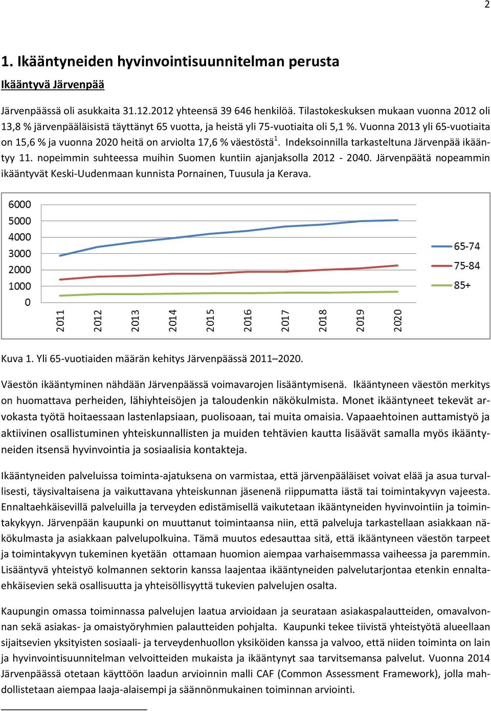 Vuonna 2013 yli 65-vuotiaita on 15,6 % ja vuonna 2020 heitä on arviolta 17,6 % väestöstä 1. Indeksoinnilla tarkasteltuna Järvenpää ikääntyy 11.