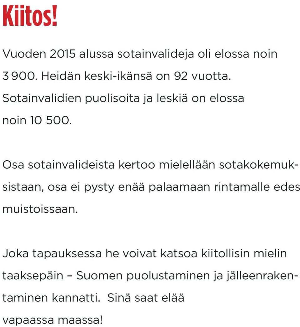 Osa sotainvalideista kertoo mielellään sotakokemuksistaan, osa ei pysty enää palaamaan rintamalle edes