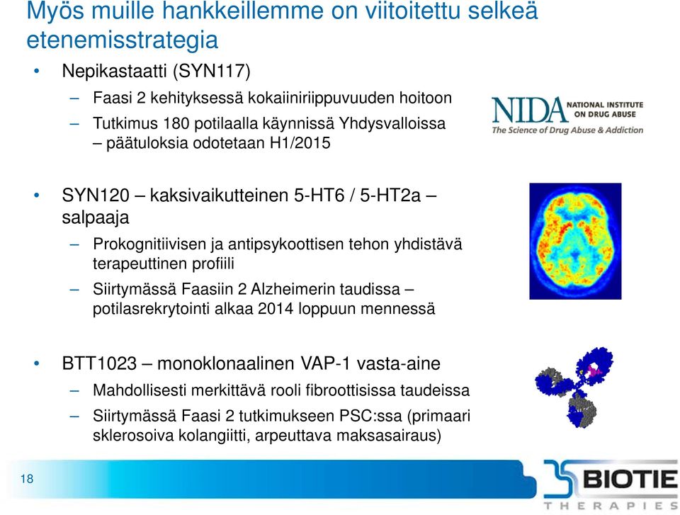 yhdistävä terapeuttinen profiili Siirtymässä Faasiin 2 Alzheimerin taudissa potilasrekrytointi alkaa 2014 loppuun mennessä BTT1023 monoklonaalinen VAP-1