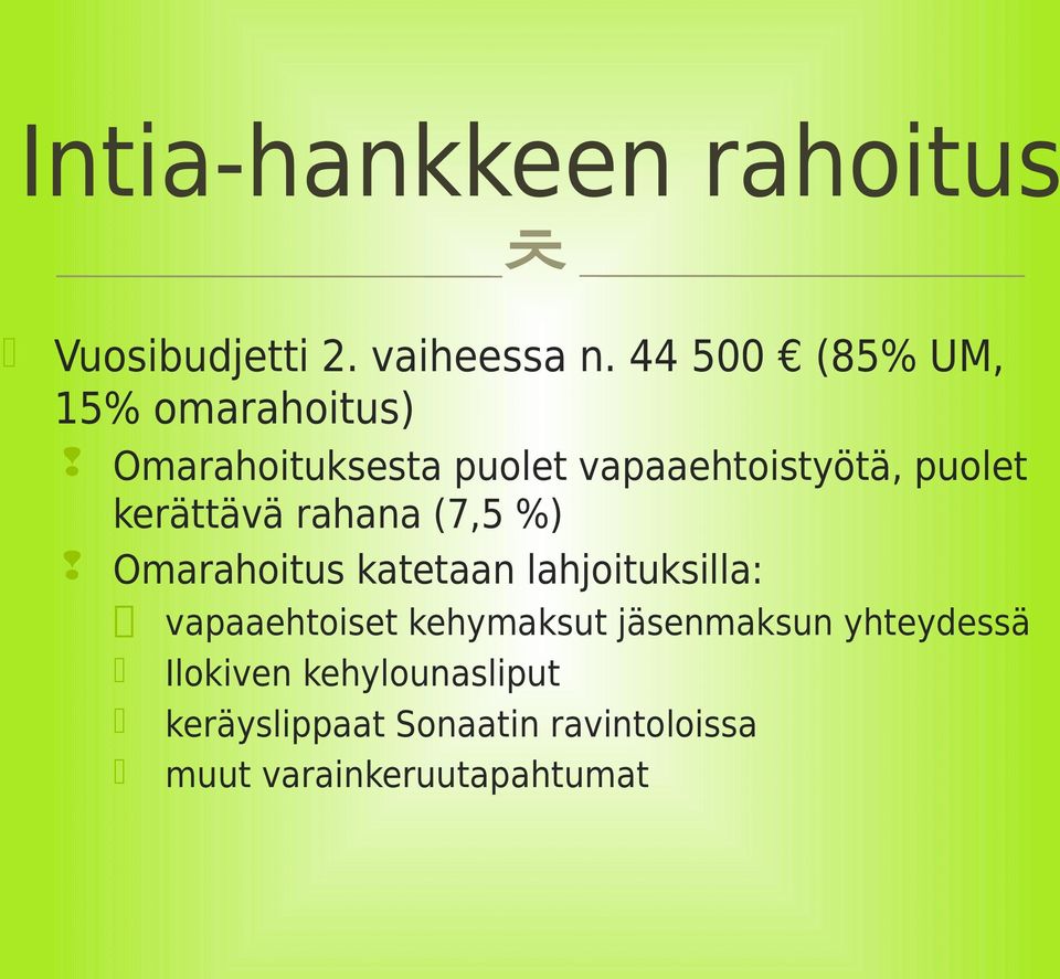 kerättävä rahana (7,5 %) Omarahoitus katetaan lahjoituksilla: vapaaehtoiset