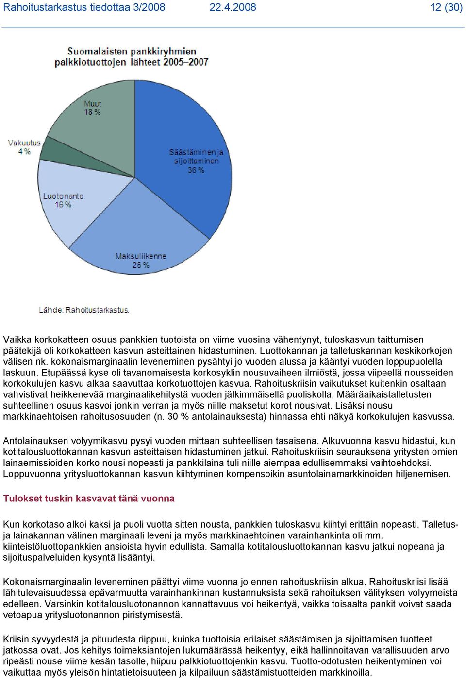 Luottokannan ja talletuskannan keskikorkojen välisen nk. kokonaismarginaalin leveneminen pysähtyi jo vuoden alussa ja kääntyi vuoden loppupuolella laskuun.